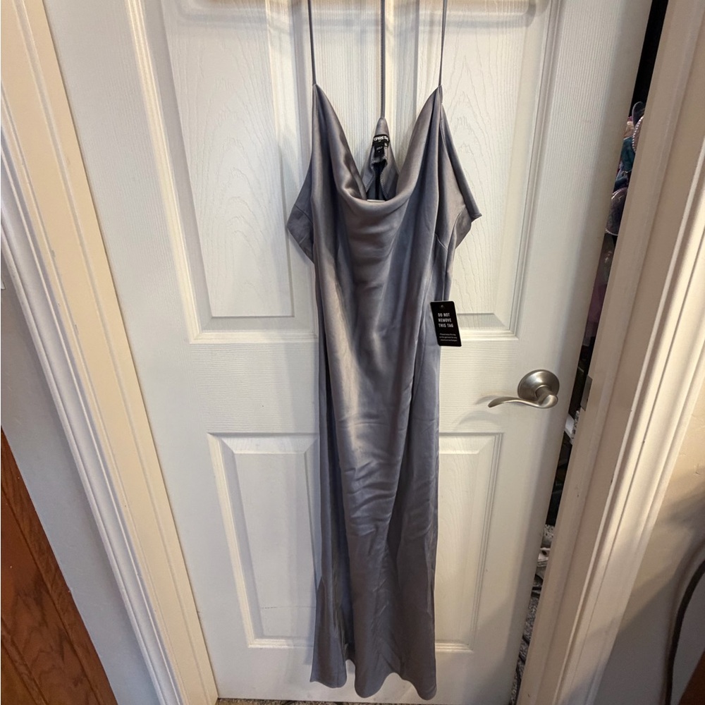 Express Silver Satin Cowl Slip Maxi Dress - Women